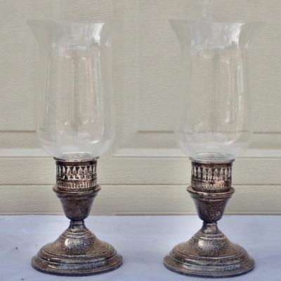 Etched glass candleholders with silver plated base set of 2