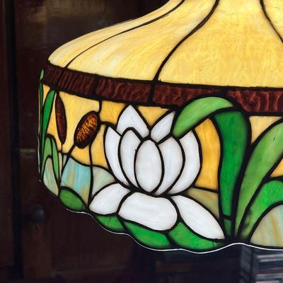 STAINED GLASS FIXTURE  |  Stained glass ceiling light shade with pattern of white lotus flowers and reeds - h. 16 x dia. 22.5 in.