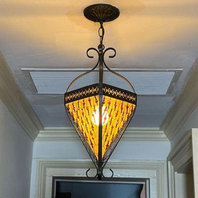 BEADED LIGHTING FIXTURE  |  Ceiling light with a metal frame, having a sheer / gauze fabric behind iridescent faceted beads - w. 8 x h....