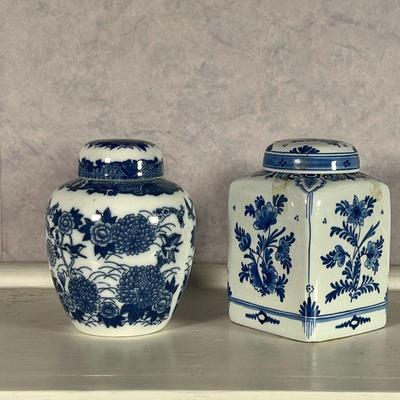 (2pc) LIDDED JARS  |  Blue and white porcelain jars of small size, including a square Delft jar signed and numbered on the bottom and...