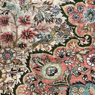 LARGE SILK CARPET  |  Finely woven silk carpet, intricately decorated, with borders of birds, flowers, and leaves and vines - w. 93 in.