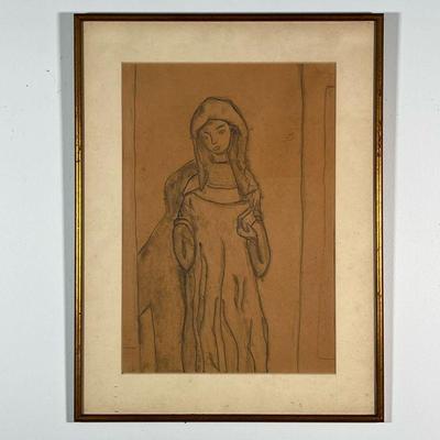 PENCIL DRAWING  |  Graphite on parchment, showing a figure of a woman - w. 15-1/2 x h. 20-1/2 in. (frame)