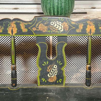 FANCY PAINTED BENCH  |  Having three seats, painted crest rail and splats decorated with stencils of grapes - l. 56 x w. 21 x h. 33 in.
