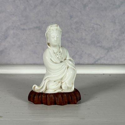 (2pc) BLANC DE CHINE PORCELAIN  |  Including a vase with applied flower, signed and dated 82 on the bottom, and a kneeling Quan Yin...