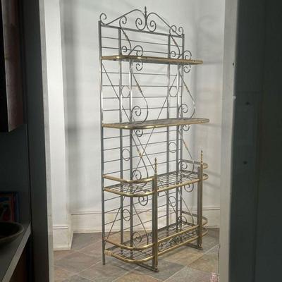 BRASS BAKERS RACK  |  With four shelves and scrolled accents - l. 41 x w. 16 x h. 83 in.
