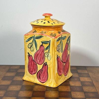 GLAZED POTTERY JAR  |  Lidded kitchen canister, decorated with pears, signed "Adams" on the bottom - w. 6 1/2 x h. 10 1/2 in.