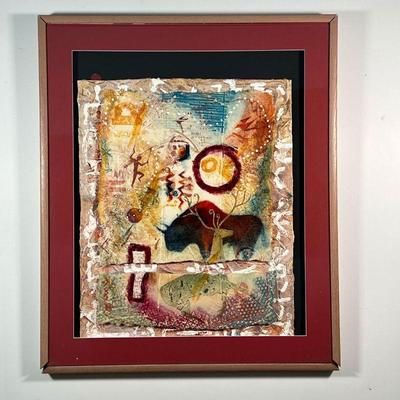 ABSTRACT MIXED MEDIA  |  Collage with figures on thick woven paper, float mounted in a frame - w. 30 x h. 36 in.