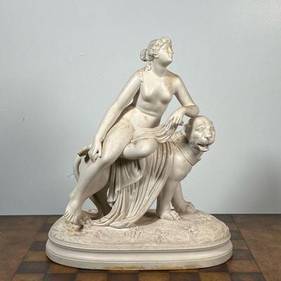 CLASSICAL SCULPTURE  |  Showing a figure seated on a large mountain lion or beast. Heavy! - w. 12 x h. 14 in.