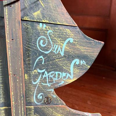PAINTED WOOD CHRISTMAS TREE  |  Signed on the back, "Sun Garden" - w. 26.5 x h. 47.5 in.

