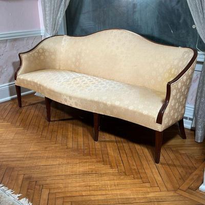 ANTIQUE CAMELBACK SOFA  |  On square tapering legs - l. 79 x w. 24 x h. 37 in.