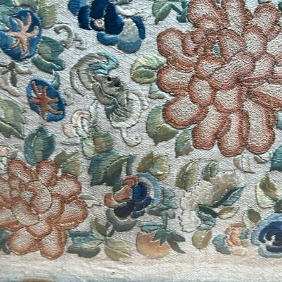 (2pc) EMBROIDERY PANELS  |  One with flowers, bats, and other devices, and some gold thread, the other with red roses on a gold...