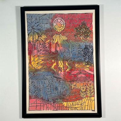 COLORFUL FRAMED BATIK  |  Colorful batik painting or print on fabric showing people, trees, and more! Signed lower right, Praeitha (?) -...