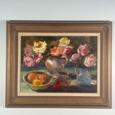 D. BROADHEAD PAINTING  |  Floral still life with fruit
Oil on masonite
Signed lower right
24 x 18 in., panel
w. 33 x h. 27 in. (frame)