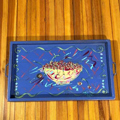 PAINTED FOLK ART TRAY  |  Paint decorated with overall blue paint, signed "Sun Garden" - l. 26.5 x w. 15 in.