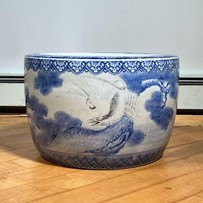 CHINESE JARDINIERE  |  Blue and white painted jardiniere with birds and plants - h. 11 x dia. 18.5 in.