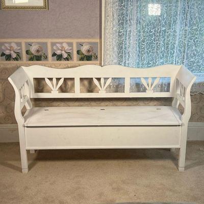 WHITE STORAGE BENCH  |  White painted wood bench with a lift top storage compartment, with high arms, made in Romania - l. 63.5 x w. 18 x...