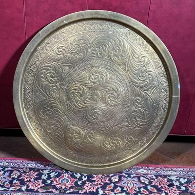 MIDDLE EASTERN BRASS TRAY  |  With scroll and leaf pattern - dia. 27 in.