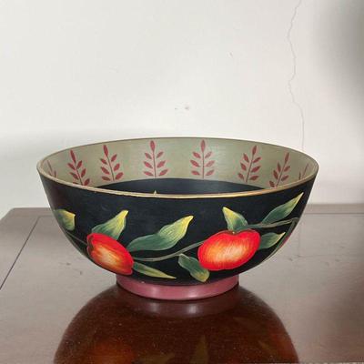 HAND-PAINTED APPLE BOWL  |  Hand painted ceramic bowl decorated with apples, apparently unsigned but with old Chinese or Japanese label...