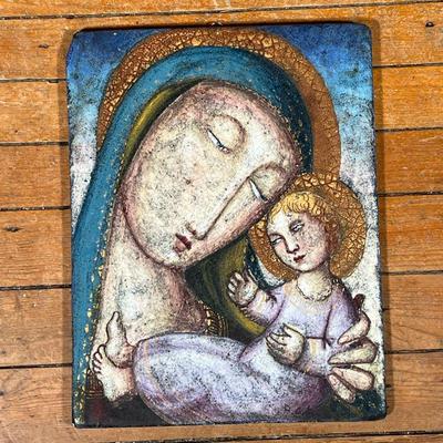CERAMIC ART TILE  |  Italian, Madonna and child, signed on verso - w. 12 x h. 15 in.