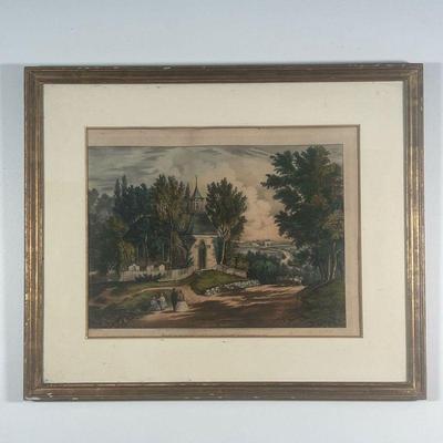 CURRIER & IVES STYLE PRINT  |  Loose in the frame, title, maker, etc. not visible, color engraving of figures before a church- w. 25...