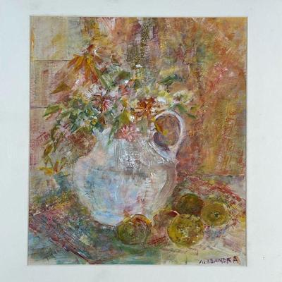 STILL-LIFE PAINTING  |  Flowers and fruit
Mixed media on paper
Signed lower right 