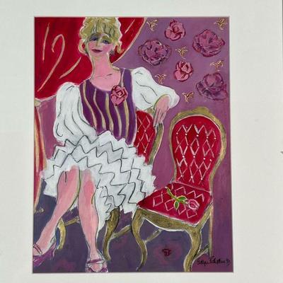 EVELYN ROTHSTEIN MIXED MEDIA  |  Mixed media on paper showing a seated woman in a purple room, signed and dated 93 lower right; sight 11...