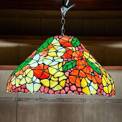 MONUMENTAL STAINED GLASS SHADE  |  Colorfully decorated patterned stained glass hanging shade with yellow, purple, and red/orange flowers...