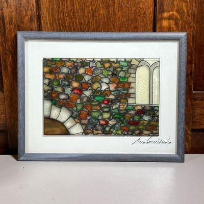 MASSIMO CRUCIANI (Italian, b. 1946)  |  glass painting showing a colorful stone wall with partial view of a window and an archway, signed...