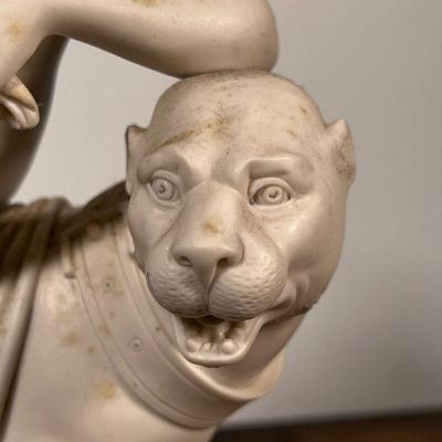 CLASSICAL SCULPTURE  |  Showing a figure seated on a large mountain lion or beast. Heavy! - w. 12 x h. 14 in.