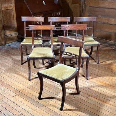 (6pc) ANTIQUE SIDE CHAIRS  |  With splayed front and back legs, open backrest, crest rail inlaid with contrasting woods, seats fixed to...