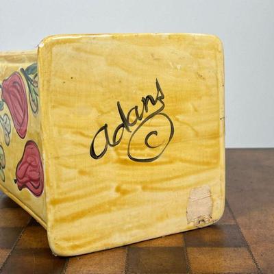 GLAZED POTTERY JAR  |  Lidded kitchen canister, decorated with pears, signed "Adams" on the bottom - w. 6 1/2 x h. 10 1/2 in.