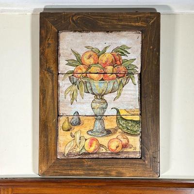 KITCHEN ANTIQUE PAINTED TILES  |  Painted pottery tiles, three individual tiles together forming a still life, signed with initials...