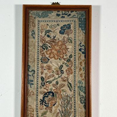 CHINESE EMBROIDERED PANEL  |  Showing aquatic figures and flowers - w. 7 1/4 x h. 22 1/4 in. (frame)