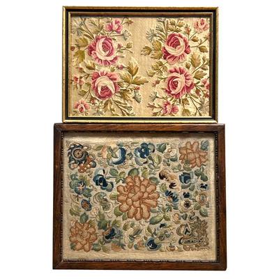 (2pc) EMBROIDERY PANELS  |  One with flowers, bats, and other devices, and some gold thread, the other with red roses on a gold...