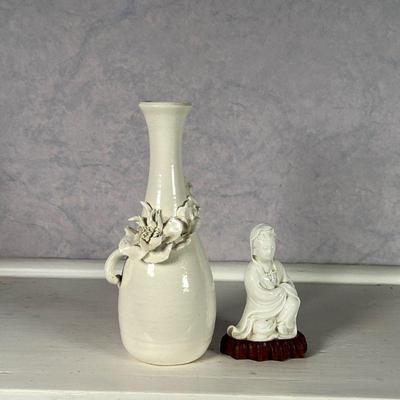 (2pc) BLANC DE CHINE PORCELAIN  |  Including a vase with applied flower, signed and dated 82 on the bottom, and a kneeling Quan Yin...