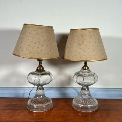 (2pc) PAIR ANTIQUE GLASS TABLE LAMPS  |  Electrified, with floral shades - h. 18 x dia. 10 in. (overall with shade)