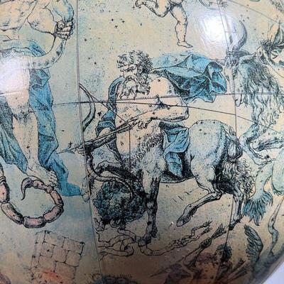 GLOBE: PRINTED CONSTELLATIONS  |  Printed constellations with chased brass top and bottom mounts on a brass harp and turned wood base. -...