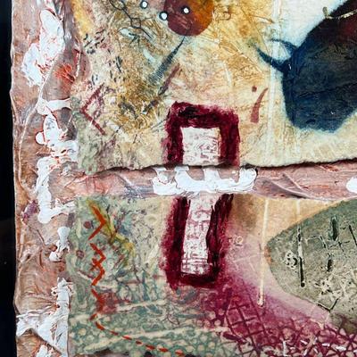 ABSTRACT MIXED MEDIA  |  Collage with figures on thick woven paper, float mounted in a frame - w. 30 x h. 36 in.