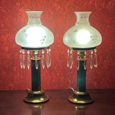 (2pc) PAIR GLASS & BRASS LAMPS  |  With etched glass shades and crystal drops on brass cylindrical bases - h. 18.5 x dia. 8 in.
