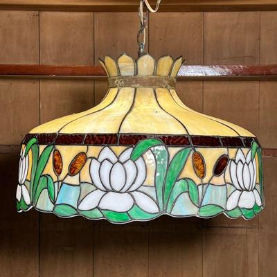 STAINED GLASS FIXTURE  |  Stained glass ceiling light shade with pattern of white lotus flowers and reeds - h. 16 x dia. 22.5 in.