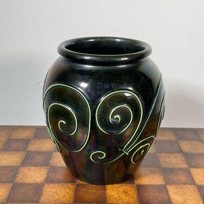 BLACK SPIRAL VASE  |  Black vase with green incised spiral design - h. 8 x dia. 7.5 in.