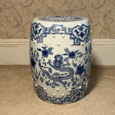CHINESE GARDEN SEAT  |  Blue decoration on a white ground, with dragon, phoenix, and flowers, with applied porcelain and openwork...