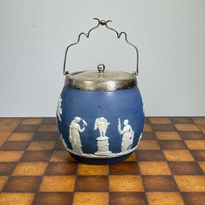 WEDGWOOD BISCUIT JAR  |  Cameo decoration with silverplate hardware - h. 9 in. (over handle)