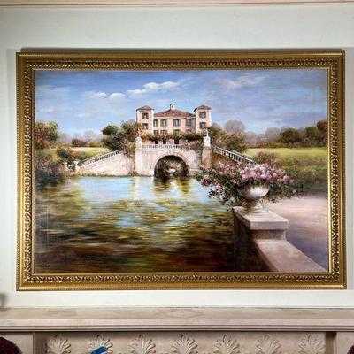 VILLA OIL PAINTING  |  Oil on canvas, signed lower left, showing a lakefront villa in a landscape, in a gilt frame - sight 35 x 50 in. -...