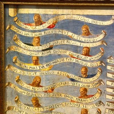 (2pc) MEDIEVAL ART PRINTS  |  Including one showing an angel (16 x 7 in.), and the other showing figures with Latin inscriptions (13-1/4...