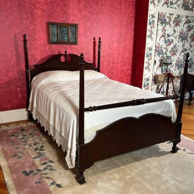 QUEEN ANNE STYLE BEDFAME  |  Four poster bed frame with reeded columns, baluster foot rail, and a broken pediment headrest, on four ball...