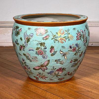 CHINESE "FISH BOWL" JARDINIERE  |  Large enameled porcelain Chinese planter / pot decorated with butterflies among flowers on a...