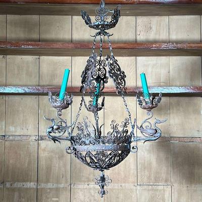 CAST METAL CHANDELIER  |  Large three-arm candle chandelier with intricate scrollwork and bird devices - h. 33 x dia. 18 in.