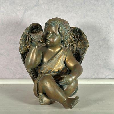 COMPOSITION ANGEL  |  Cherub or angel seated and holding a bird, bronze style composition statue - w. 8.5 x h. 8.75 in.
