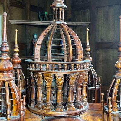 BIRDCAGE ON STAND  |  Intricately carved birdcage top (27.5 x 27 x h. 45 in.) mounted on a stand with a slide out drawer for cleaning...